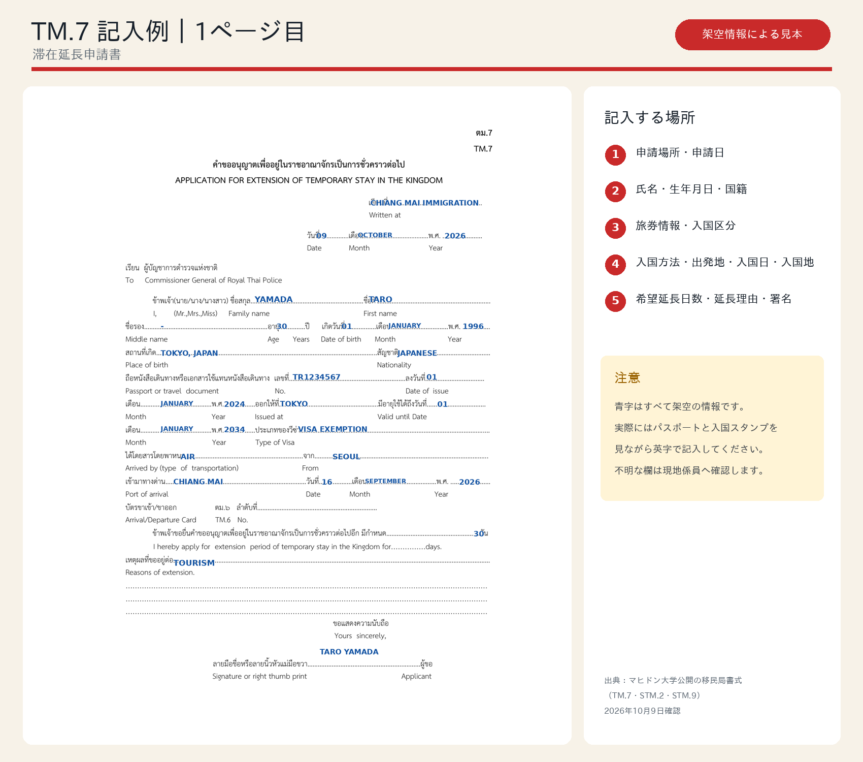 タイの滞在延長申請書TM.7の1ページ目の記入例